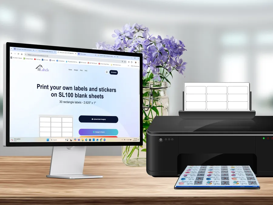 An office table with a computer screen, a desktop printer and printed label sheets.
