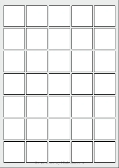 AALabels® AAA035 template with 35 square 37 x 37 millimeter labels per sheet, on A4-size adhesive blank label sheets.