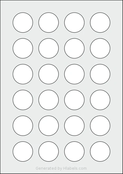 AALabels® AAAC24 template with 24 circle labels per sheet, each 33.9 millimeter in diameter, on A4-size adhesive blank label sheets.
