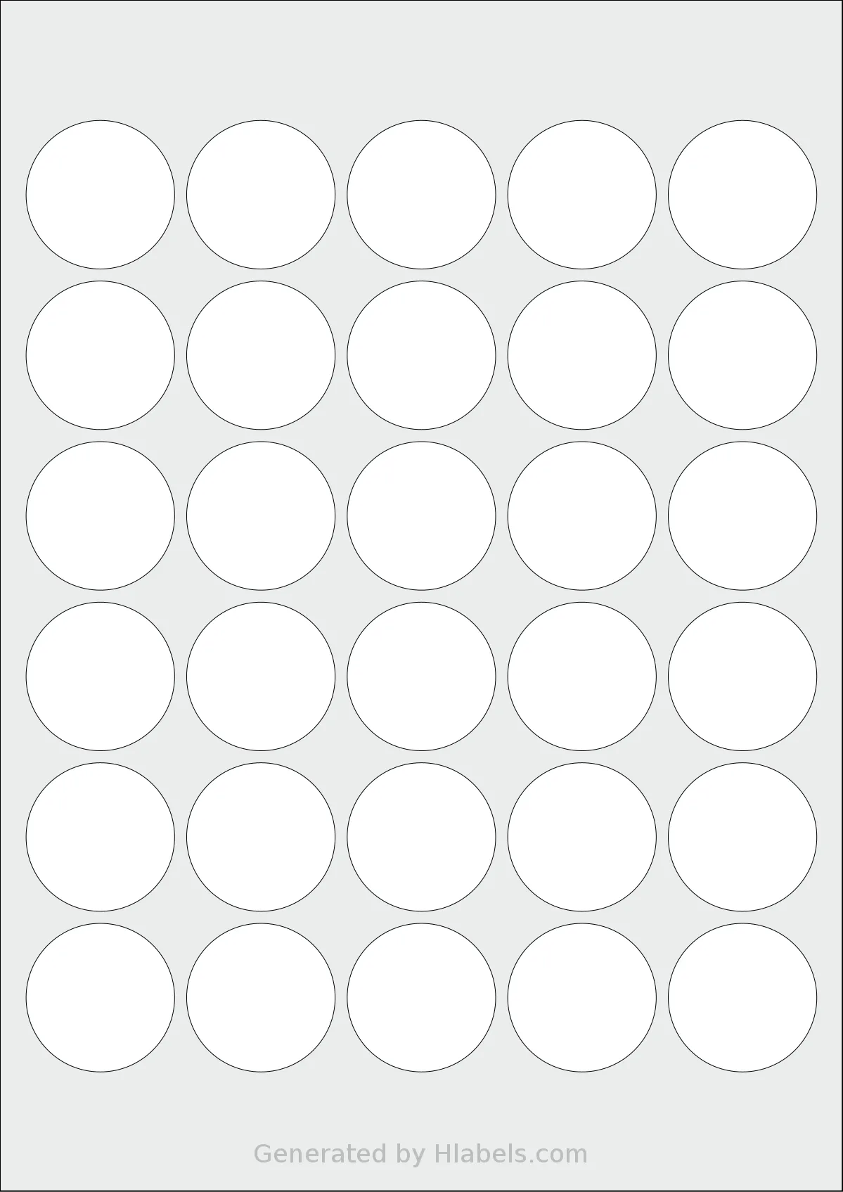AALabels® AAAC30 template with 30 circle labels per sheet, each 37 millimeter in diameter, on A4-size adhesive blank label sheets.