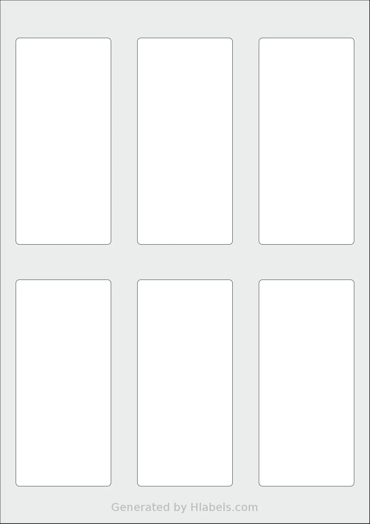 AALabels® AAAE06 template with 6 rectangular 54 x 117 millimeter labels per sheet, on A4-size adhesive blank label sheets.