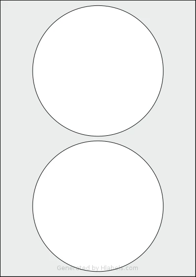 AALabels® AAC002 template with 2 circle labels per sheet, each 140 millimeter in diameter, on A4-size adhesive blank label sheets.