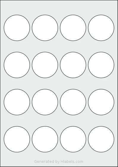 AALabels® AAC016 template with 16 circle labels per sheet, each 46 millimeter in diameter, on A4-size adhesive blank label sheets.