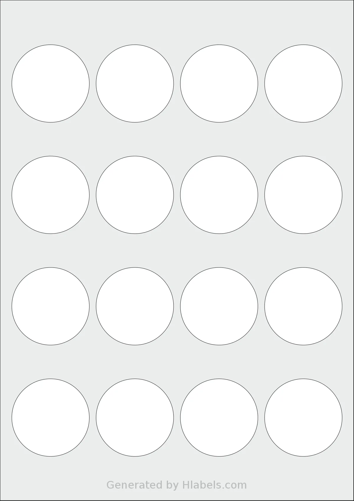 AALabels® AAC016 template with 16 circle labels per sheet, each 46 millimeter in diameter, on A4-size adhesive blank label sheets.