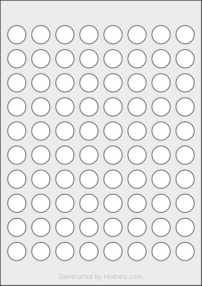 AALabels® AAC080 template with 80 circle labels per sheet, each 19 millimeter in diameter, on A4-size adhesive blank label sheets.