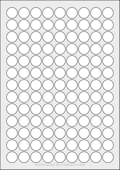 AALabels® AAC117 template with 117 circle labels per sheet, each 19 millimeter in diameter, on A4-size adhesive blank label sheets.