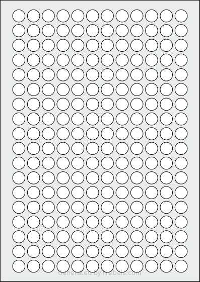 AALabels® AAC216 template with 216 circle labels per sheet, each 13 millimeter in diameter, on A4-size adhesive blank label sheets.