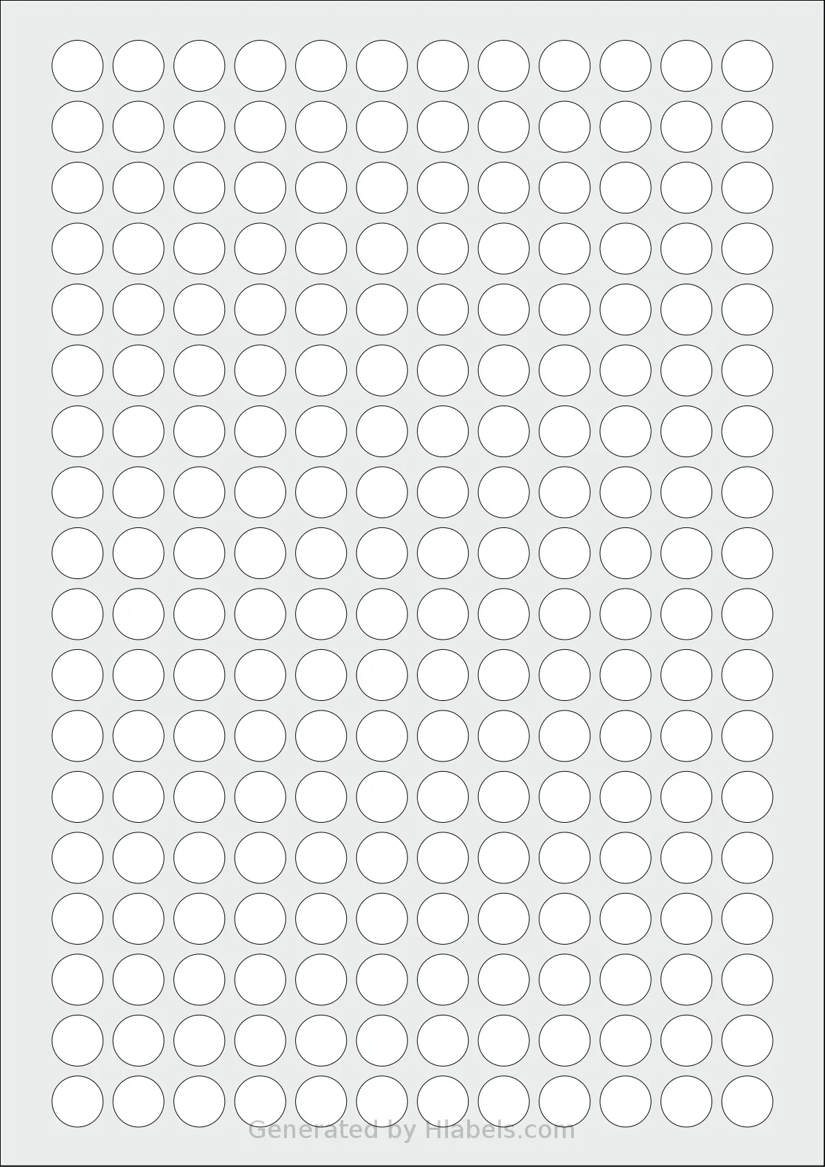AALabels® AAC216 template with 216 circle labels per sheet, each 13 millimeter in diameter, on A4-size adhesive blank label sheets.