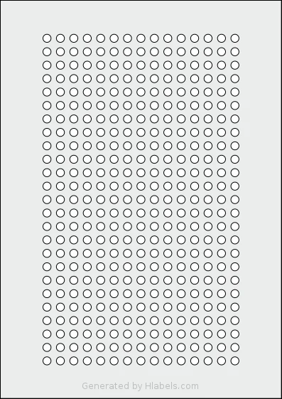 AALabels® AAC375 template with 375 circle labels per sheet, each 6 millimeter in diameter, on A4-size adhesive blank label sheets.