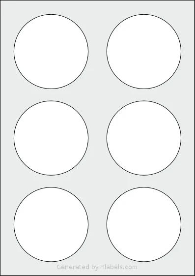 AALabels® AACA06 template with 6 circle labels per sheet, each 80 millimeter in diameter, on A4-size adhesive blank label sheets.
