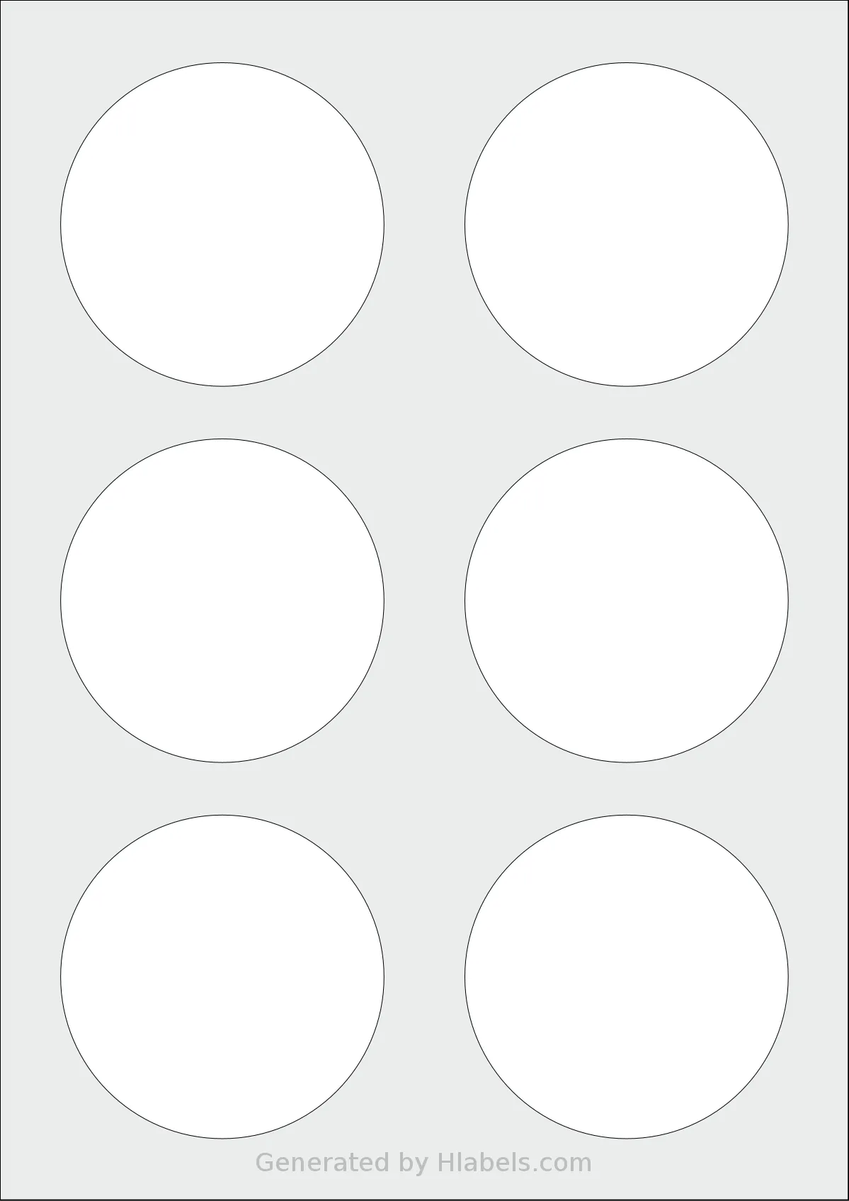 AALabels® AACA06 template with 6 circle labels per sheet, each 80 millimeter in diameter, on A4-size adhesive blank label sheets.
