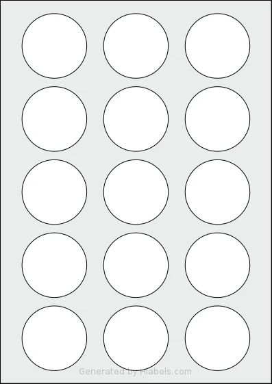AALabels® AACA15 template with 15 circle labels per sheet, each 50 millimeter in diameter, on A4-size adhesive blank label sheets.