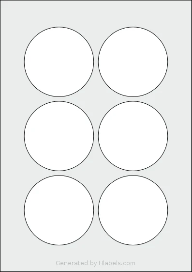 AALabels® AACC06 template with 6 circle labels per sheet, each 76 millimeter in diameter, on A4-size adhesive blank label sheets.