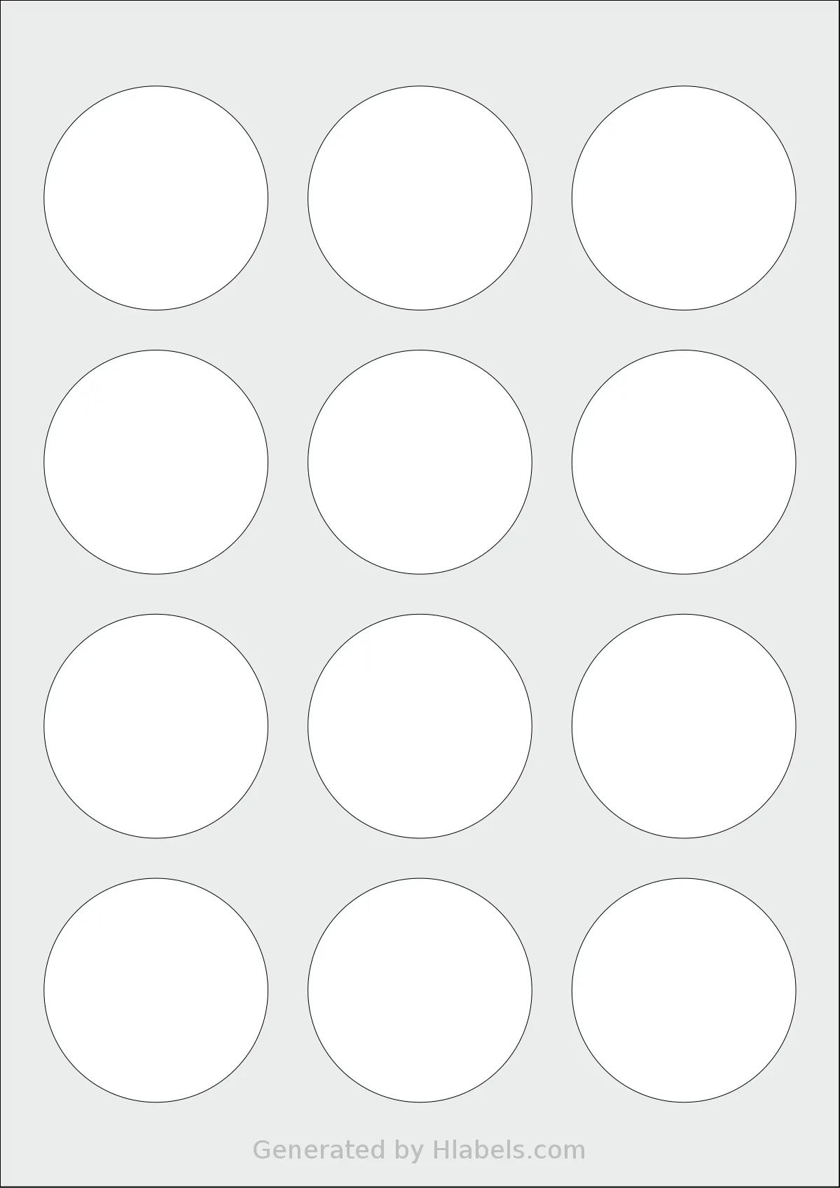 AALabels® AACC12 template with 12 circle labels per sheet, each 56 millimeter in diameter, on A4-size adhesive blank label sheets.