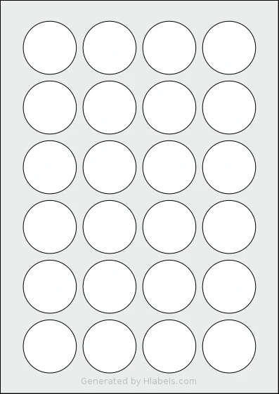 AALabels® AACX024 template with 24 circle labels per sheet, each 40 millimeter in diameter, on A4-size adhesive blank label sheets.