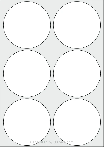 AALabels® AACX06 template with 6 circle labels per sheet, each 95 millimeter in diameter, on A4-size adhesive blank label sheets.