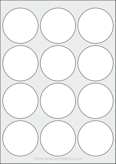 AALabels® AACX12 template with 12 circle labels per sheet, each 64 millimeter in diameter, on A4-size adhesive blank label sheets.