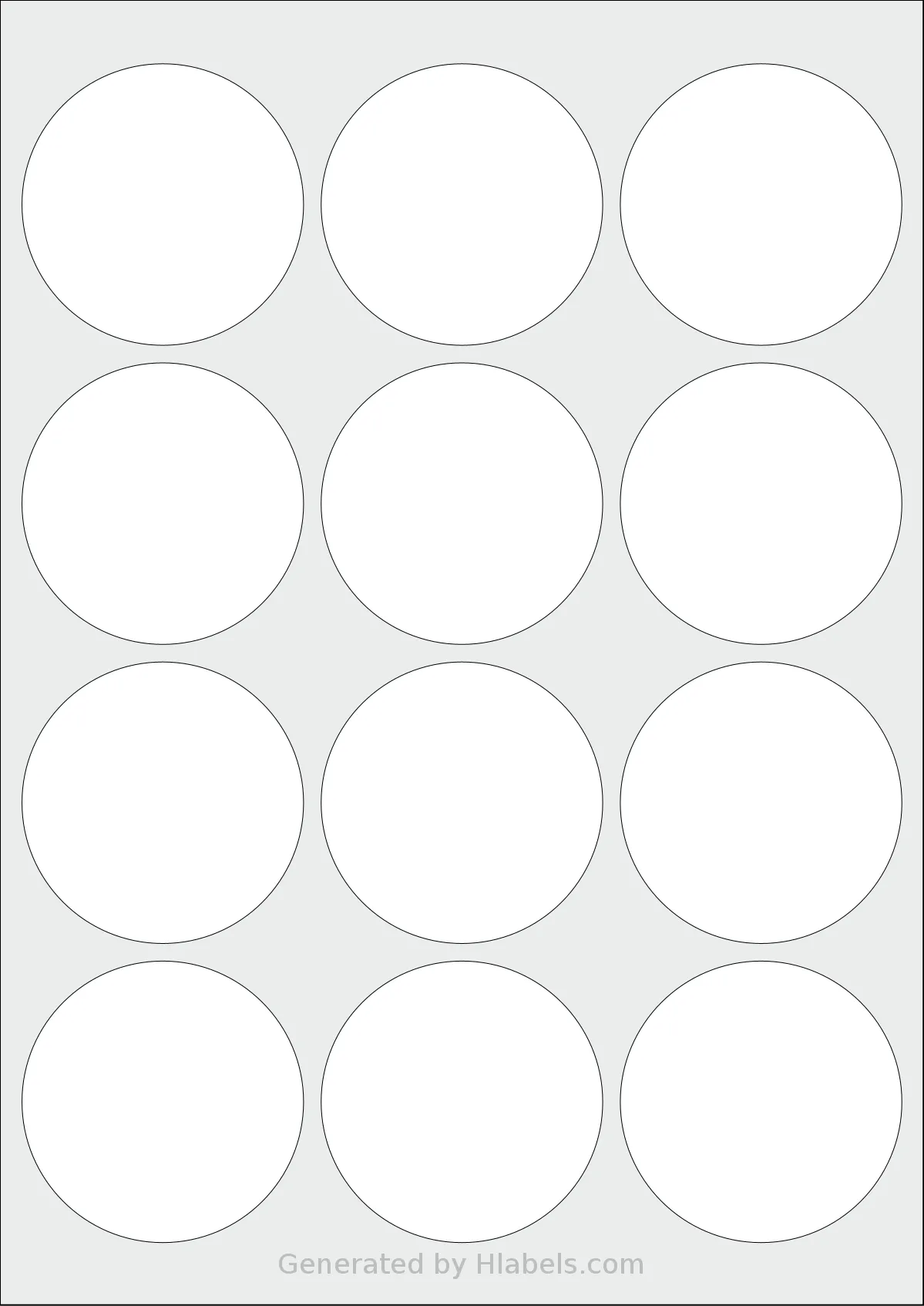AALabels® AACX12 template with 12 circle labels per sheet, each 64 millimeter in diameter, on A4-size adhesive blank label sheets.