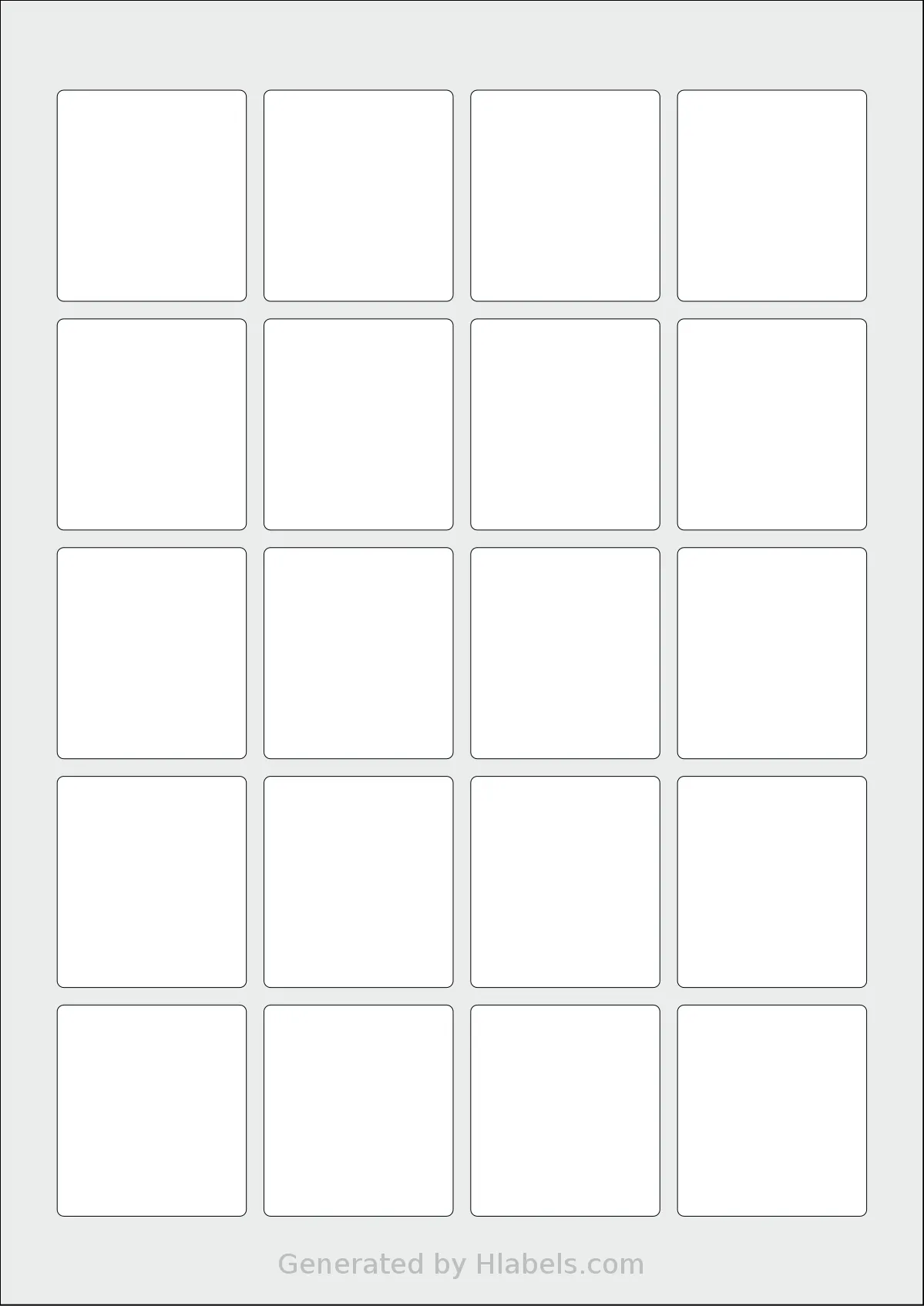 AALabels® AAD020 template with 20 rectangular 43 x 48 millimeter labels per sheet, on A4-size adhesive blank label sheets.