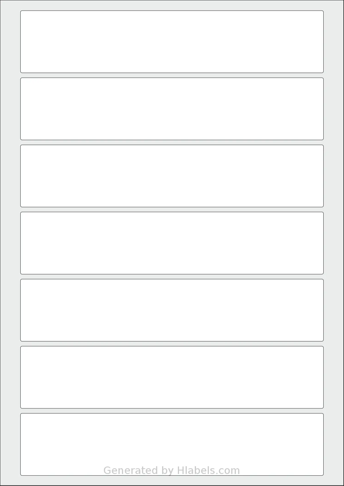 AALabels® AAE007 template with 7 rectangular 185 x 38 millimeter labels per sheet, on A4-size adhesive blank label sheets.