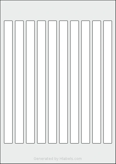 AALabels® AAG010 template with 10 rectangular 15 x 222 millimeter labels per sheet, on A4-size adhesive blank label sheets.