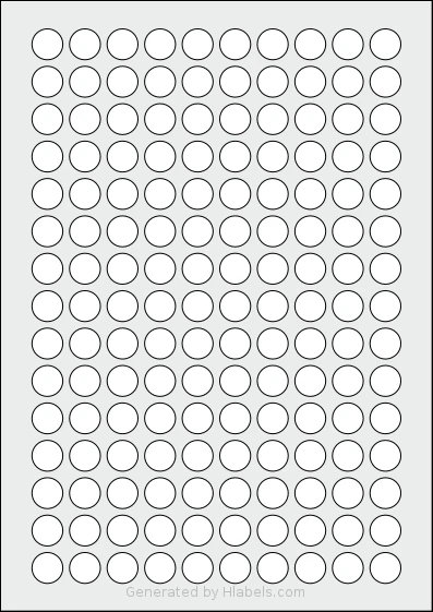 AALabels® AAI150 template with 150 circle labels per sheet, each 15 millimeter in diameter, on A4-size adhesive blank label sheets.