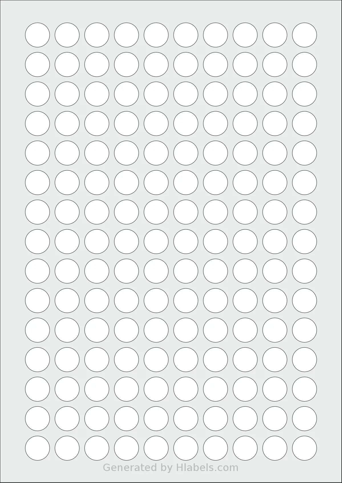 AALabels® AAI150 template with 150 circle labels per sheet, each 15 millimeter in diameter, on A4-size adhesive blank label sheets.
