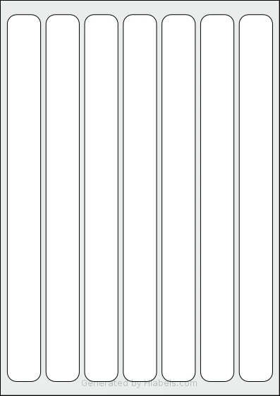 AALabels® AAK007 template with 7 rectangular 25 x 275 millimeter labels per sheet, on A4-size adhesive blank label sheets.