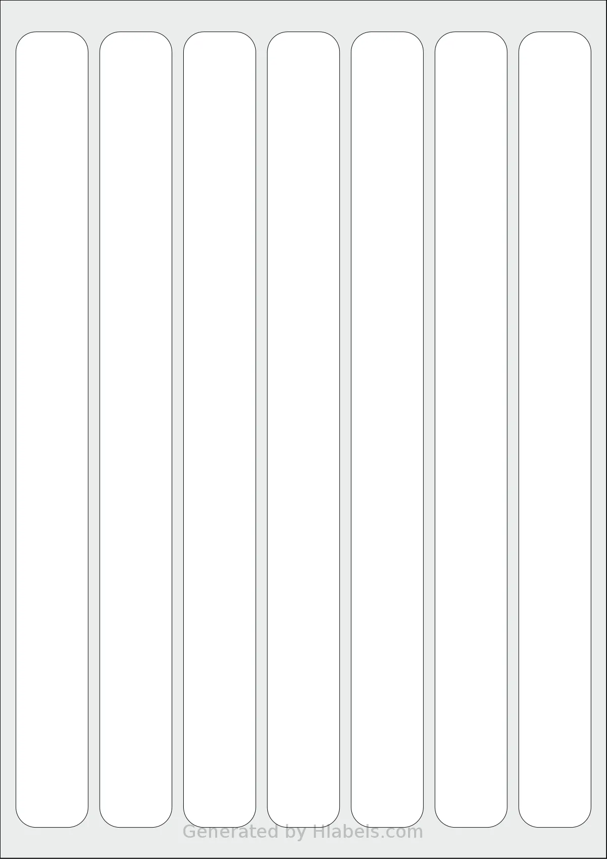 AALabels® AAK007 template with 7 rectangular 25 x 275 millimeter labels per sheet, on A4-size adhesive blank label sheets.
