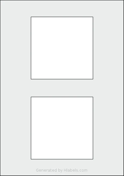 AALabels® AAQ002 template with 2 square 105 x 105 millimeter labels per sheet, on A4-size adhesive blank label sheets.