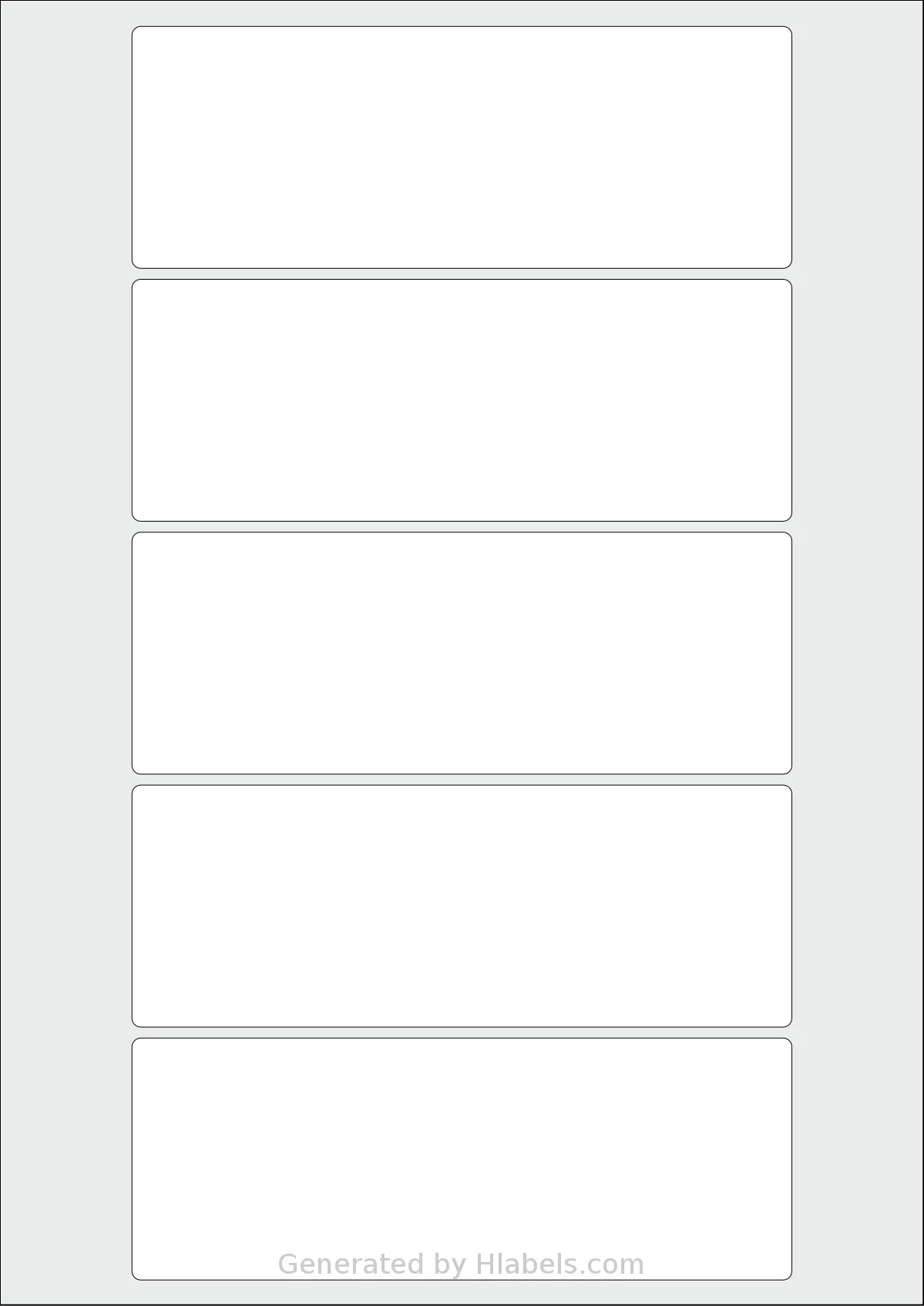 AALabels® AAQ005 template with 5 rectangular 150 x 55 millimeter labels per sheet, on A4-size adhesive blank label sheets.