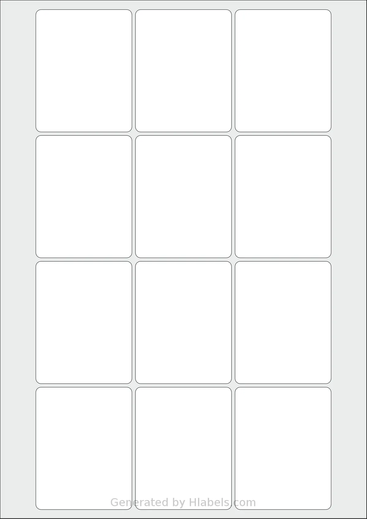 AALabels® AAQ012 template with 12 rectangular 55 x 70 millimeter labels per sheet, on A4-size adhesive blank label sheets.