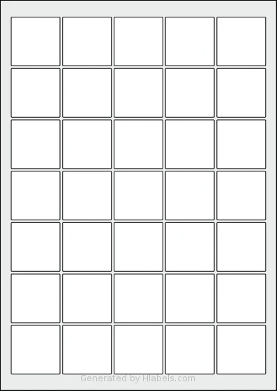 AALabels® AAR035 template with 35 square 37 x 37 millimeter labels per sheet, on A4-size adhesive blank label sheets.