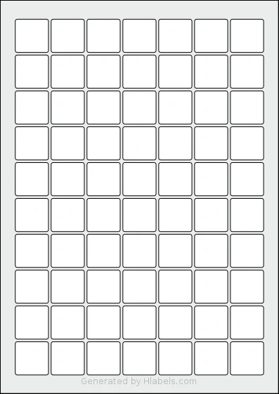 AALabels® AAS070 template with 70 square 25 x 25 millimeter labels per sheet, on A4-size adhesive blank label sheets.