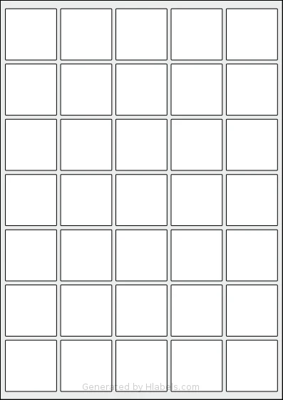 AALabels® AASA035 template with 35 square 38 x 38 millimeter labels per sheet, on A4-size adhesive blank label sheets.