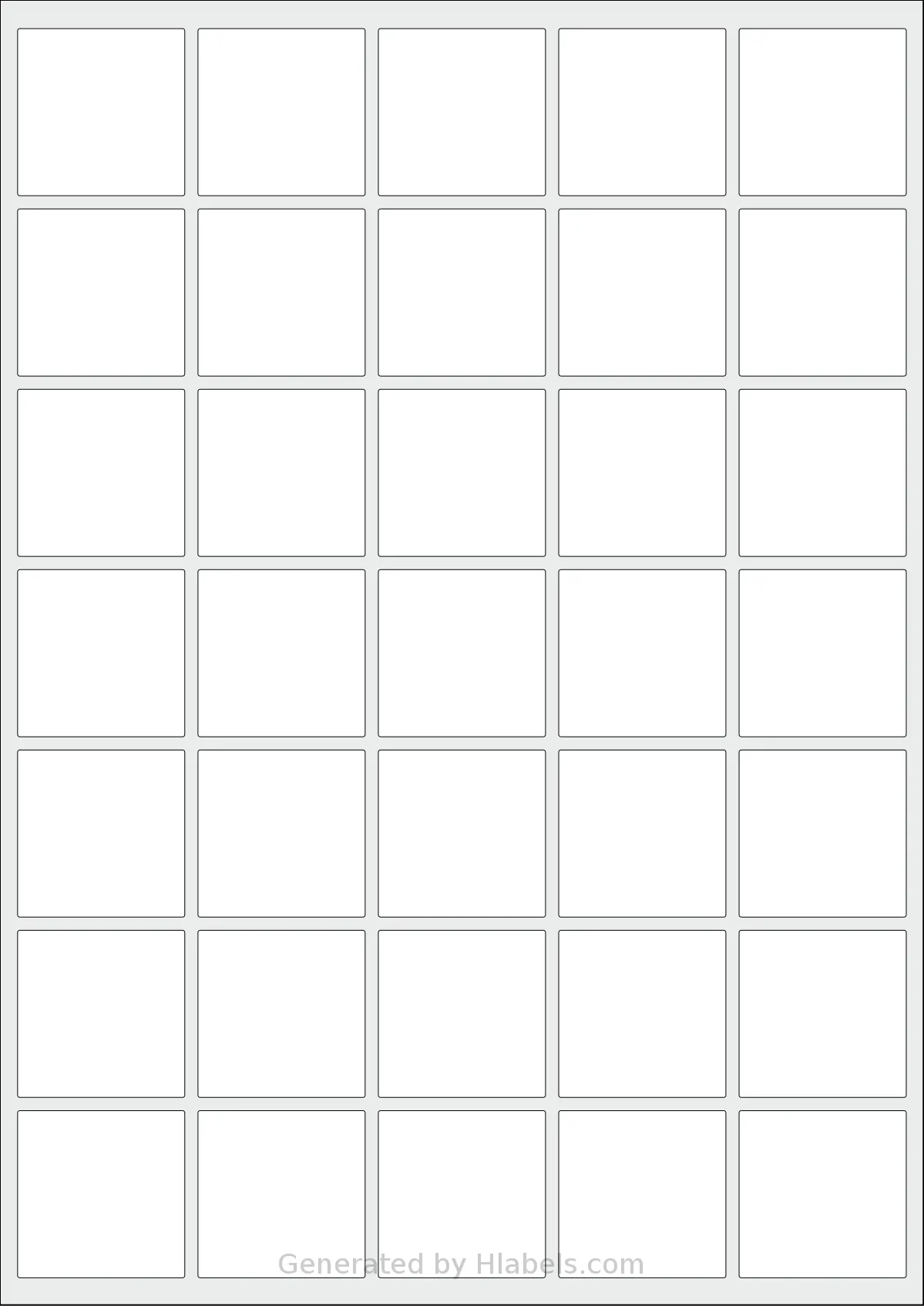 AALabels® AASA035 template with 35 square 38 x 38 millimeter labels per sheet, on A4-size adhesive blank label sheets.
