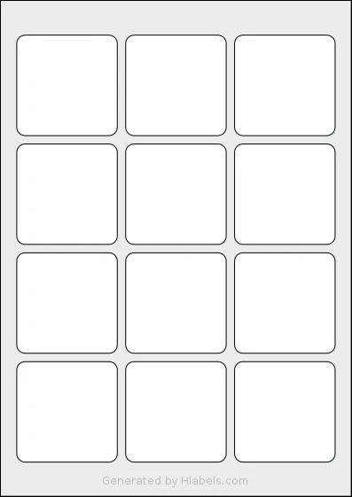 AALabels® AASA12 template with 12 square 60 x 60 millimeter labels per sheet, on A4-size adhesive blank label sheets.