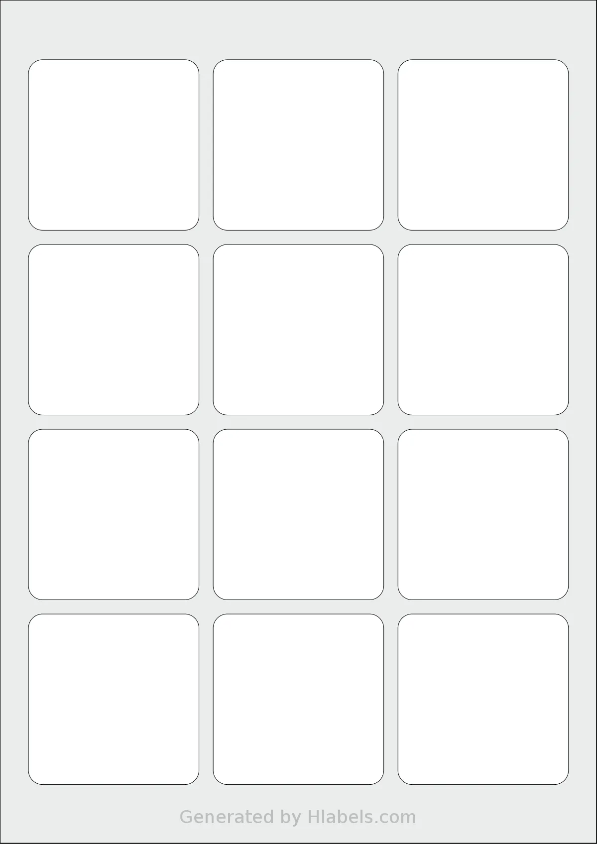 AALabels® AASA12 template with 12 square 60 x 60 millimeter labels per sheet, on A4-size adhesive blank label sheets.