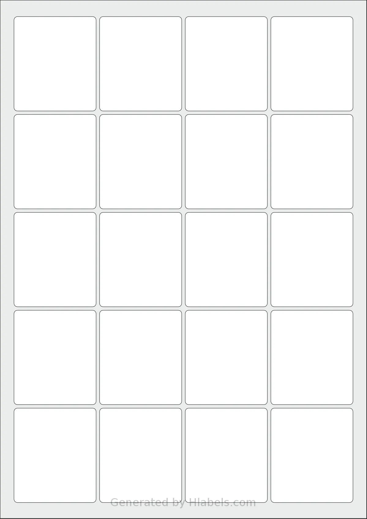 AALabels® AAT020 template with 20 rectangular 47 x 54 millimeter labels per sheet, on A4-size adhesive blank label sheets.