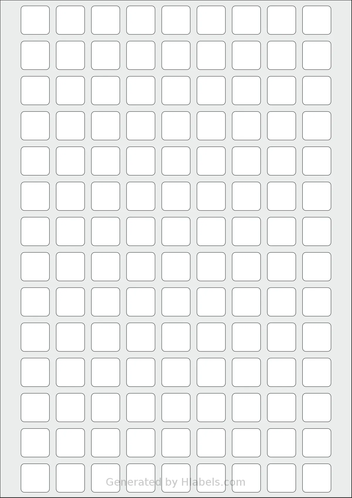 AALabels® AAU126 template with 126 square 17 x 17 millimeter labels per sheet, on A4-size adhesive blank label sheets.