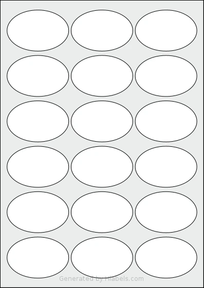 AALabels® AAV018 template with 18 oval 63.5 x 42.3 millimeter labels per sheet, on A4-size adhesive blank label sheets.