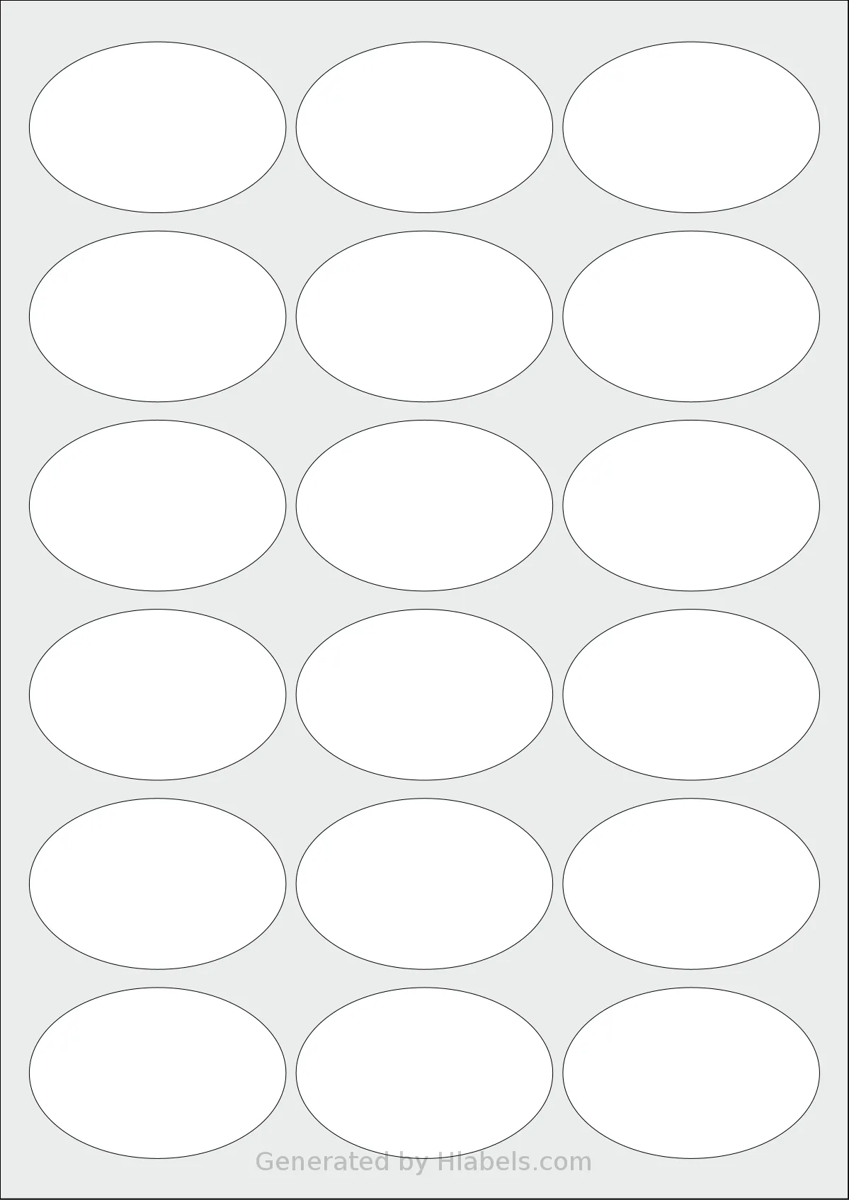 AALabels® AAV018 template with 18 oval 63.5 x 42.3 millimeter labels per sheet, on A4-size adhesive blank label sheets.