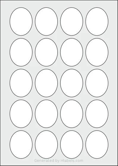 AALabels® AAV020 template with 20 oval 40 x 50 millimeter labels per sheet, on A4-size adhesive blank label sheets.
