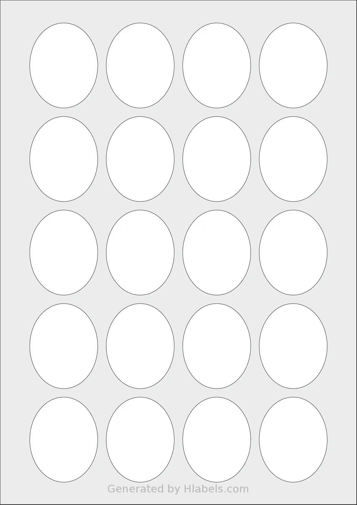 AALabels® AAV020 template with 20 oval 40 x 50 millimeter labels per sheet, on A4-size adhesive blank label sheets.
