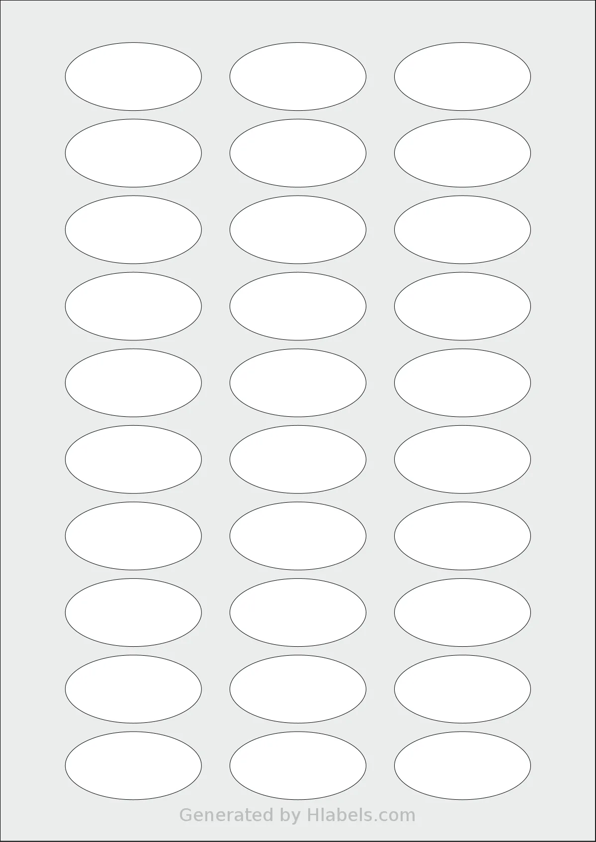 AALabels® AAV030 template with 30 oval 48 x 24 millimeter labels per sheet, on A4-size adhesive blank label sheets.