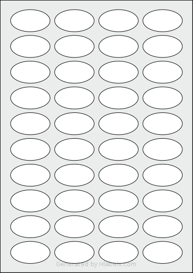 AALabels® AAVV040 template with 40 oval 43 x 24 millimeter labels per sheet, on A4-size adhesive blank label sheets.