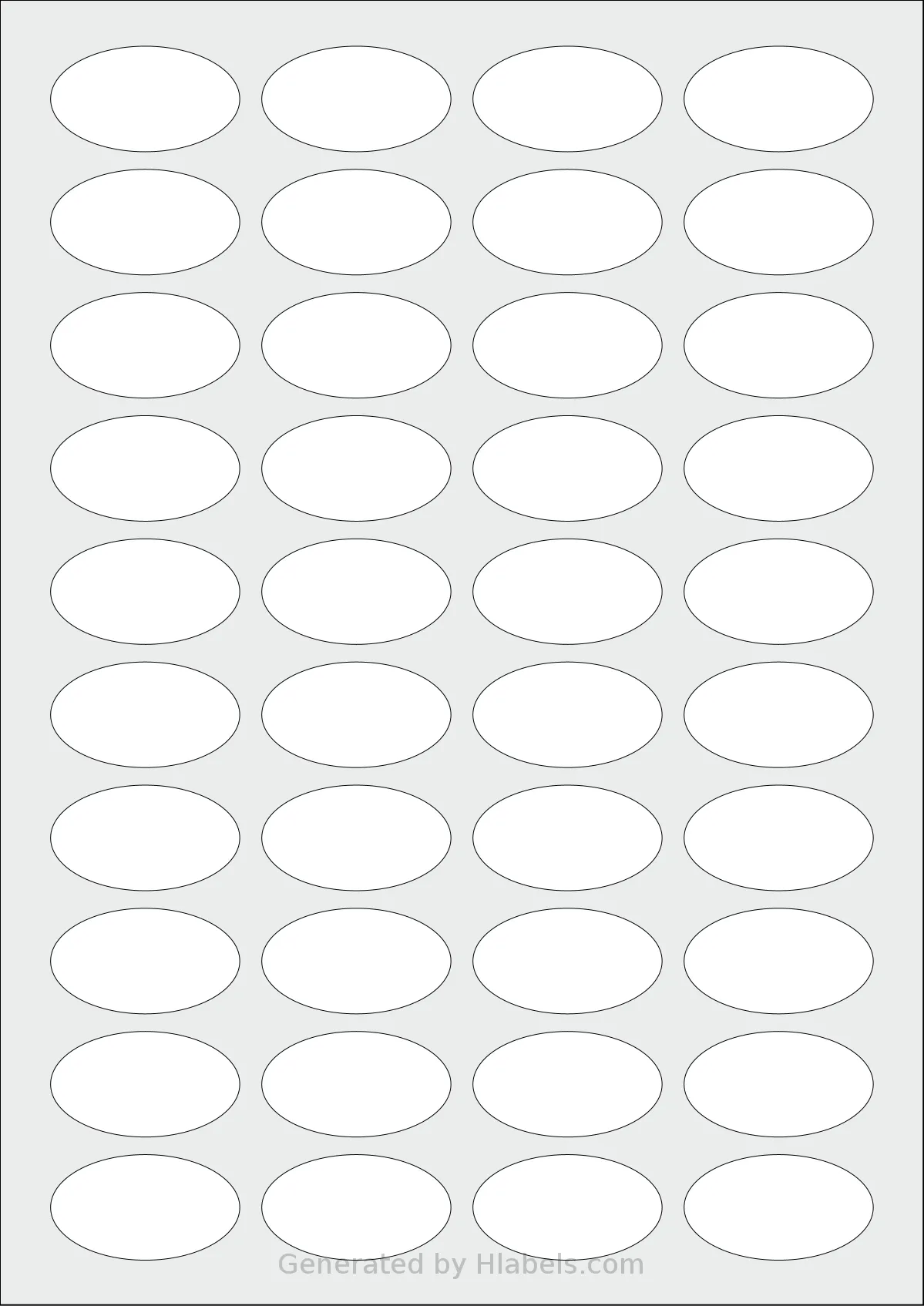 AALabels® AAVV040 template with 40 oval 43 x 24 millimeter labels per sheet, on A4-size adhesive blank label sheets.