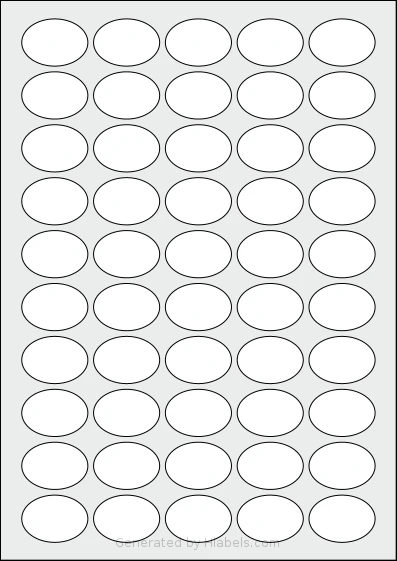 AALabels® AAVV50 template with 50 oval 35 x 25 millimeter labels per sheet, on A4-size adhesive blank label sheets.
