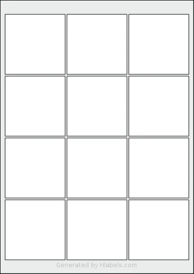 AALabels® AAW012 template with 12 square 65 x 65 millimeter labels per sheet, on A4-size adhesive blank label sheets.