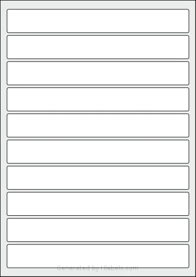 AALabels® AAX010 template with 10 rectangular 195 x 25 millimeter labels per sheet, on A4-size adhesive blank label sheets.